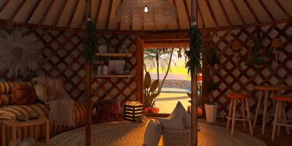 cozy interior of a yurt with comfortable furnishings and natural light pouring in, showcasing modern bohemian style, perfect for innovative interior decor solutions with Homestyler's real-time 3D rendering feature.