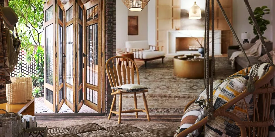 rustic living room interior design showcasing a cozy wooden chair and a serene view through open doors, emphasizing a natural lifestyle, featuring Homestyler's real-time 3D rendering capabilities