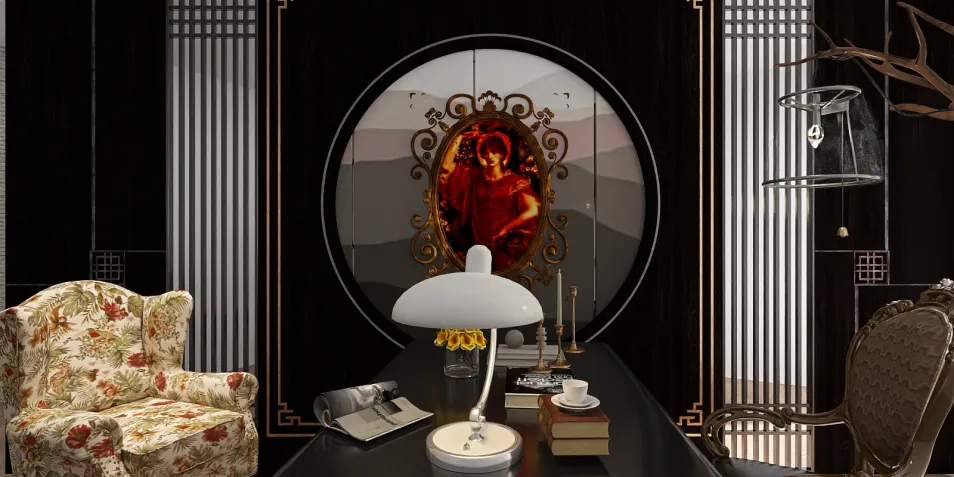 Decorative seating area featuring a floral armchair and contemporary desk with elegant accessories, showcasing a modern design style in a luxurious home office space, utilizing Homestyler's real-time 3D rendering for design proposal visualization.