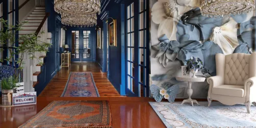 Elegant Blue Hallway and Cozy Corner