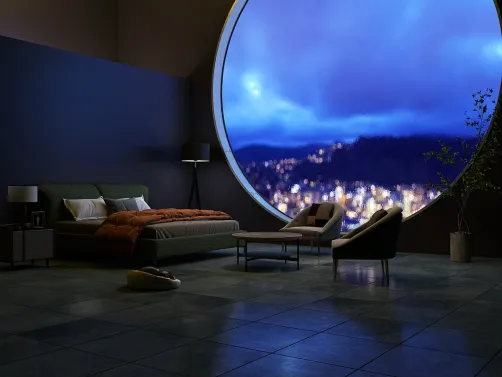 room with glittering city view