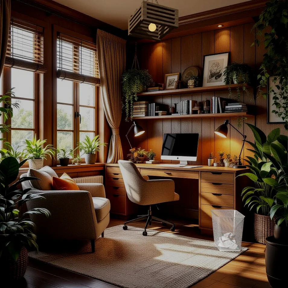 home office featuring a wooden desk and ergonomic chair, showcasing a cozy design style with abundant greenery, emphasizing interior decor and utilizing Homestyler's real-time 3D rendering feature.