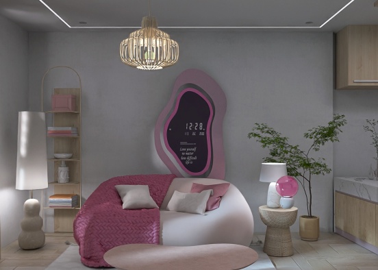 Small Pink Warm Wood Apartment  Design Rendering