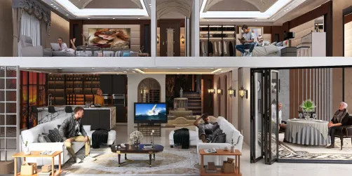 modern open-concept living room with stylish furniture arrangement using smart furniture placement for space optimization, showcasing luxury interior design elements and a cozy atmosphere, featuring Homestyler's real-time 3D rendering functionality.