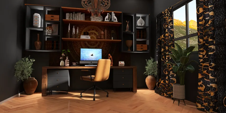 A modern home office featuring a wooden desk with a computer, stylish shelves filled with decor, and rich textures in black and gold. Interior design incorporates a cozy atmosphere with natural light and houseplants, optimized for workspace productivity using Homestyler's real-time 3D rendering feature.