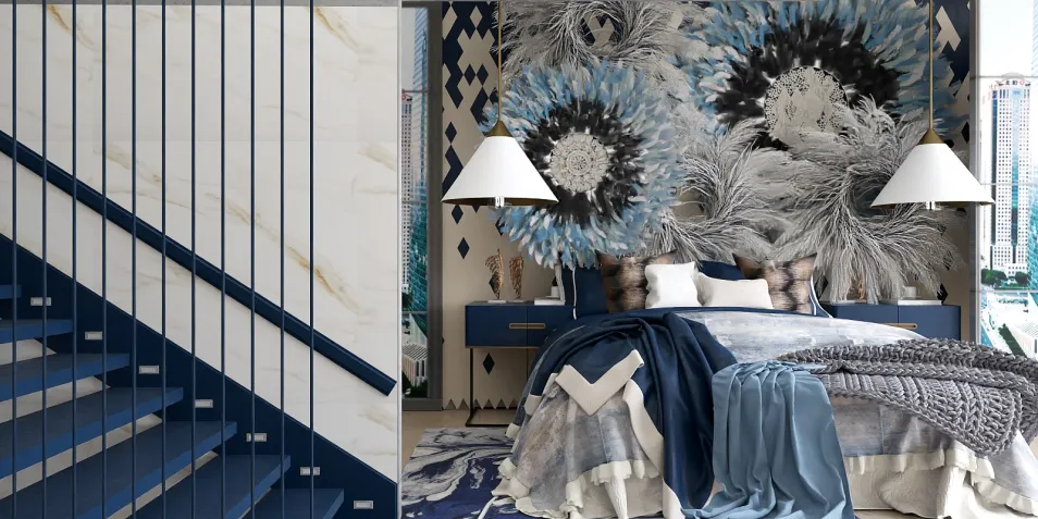 luxurious bedroom with floral mural design, incorporating modern elements and a blue color scheme, showcasing interior decor using Homestyler's real-time 3D rendering feature