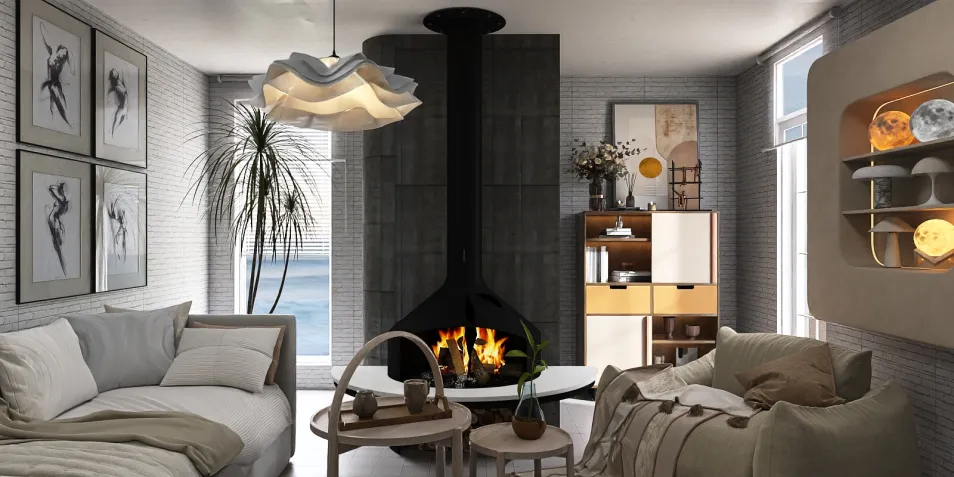 Cozy living room featuring a modern fireplace design, showcasing a contemporary aesthetic, ideal for home interior design enthusiasts; highlights the real-time 3D rendering capability of Homestyler.