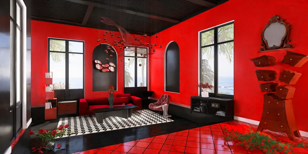 a red couch in a room with red walls 