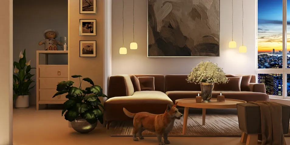 Modern living room with a cozy layout featuring a dog and a large abstract painting, utilizing Homestyler's real-time 3D rendering for an accurate design preview.