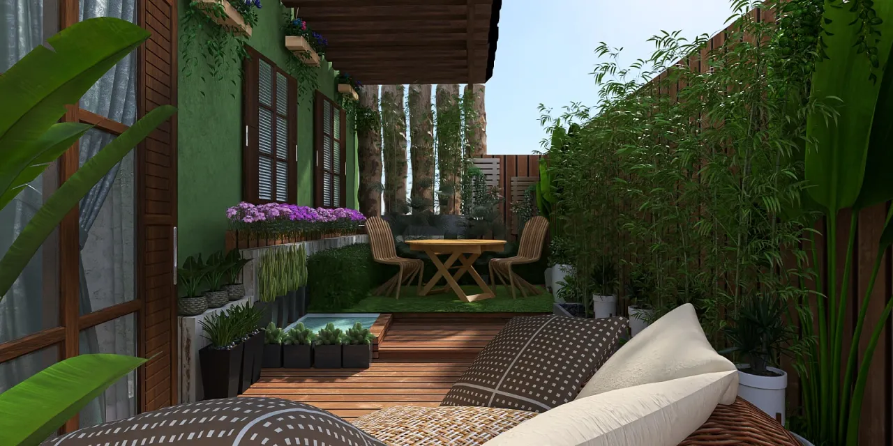 a patio with a balcony and a balcony view 