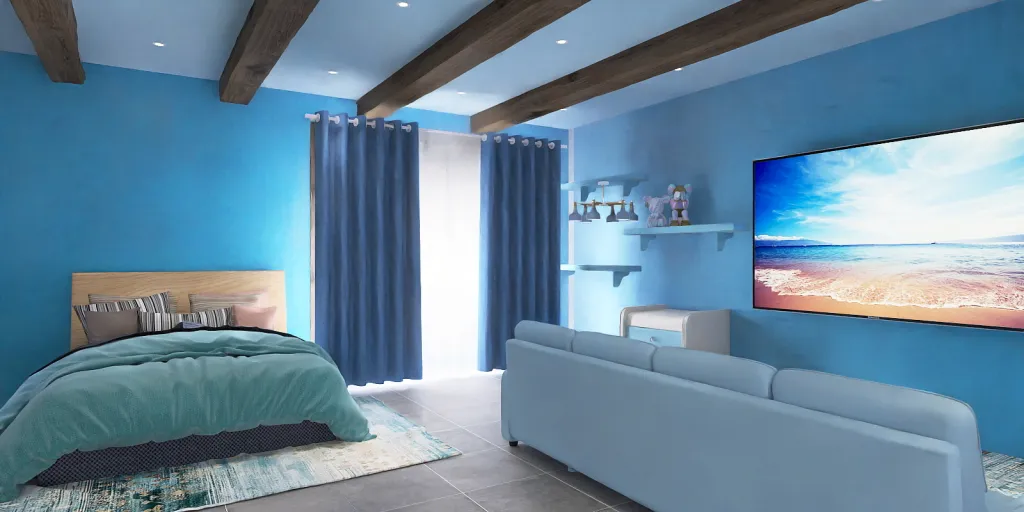 a living room with a blue wall and a blue couch 