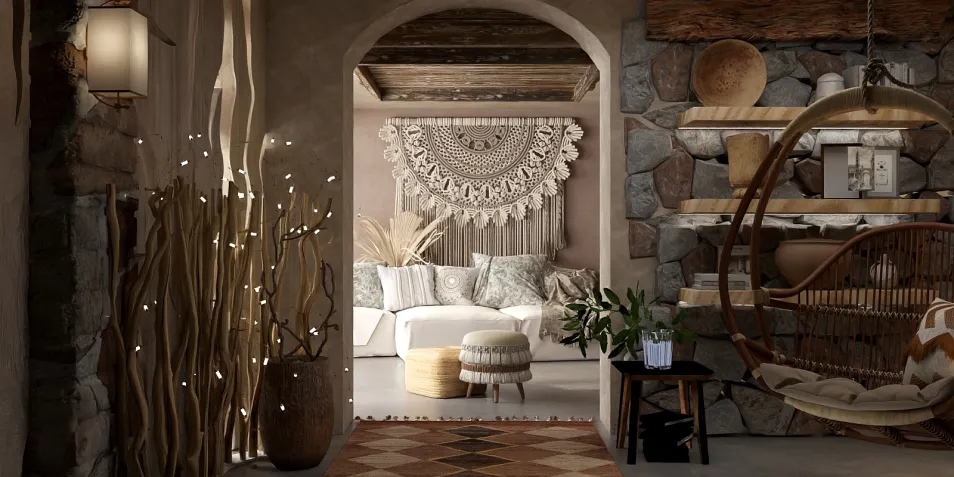 cozy living room with a macramé wall hanging and stone accents, enhancing rustic charm, featuring Homestyler's real-time 3D rendering for interior design visualization
