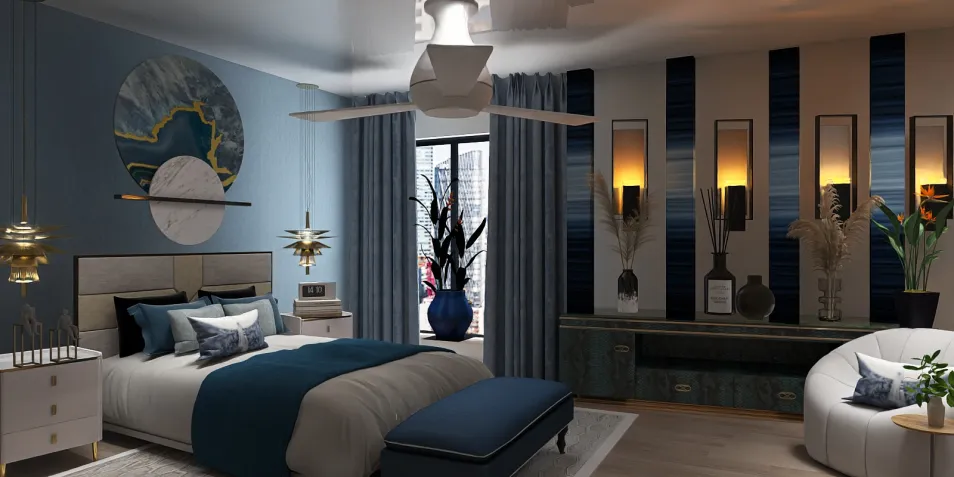 modern bedroom design featuring cozy bed arrangement with stylish linens and decorative pillows, incorporating smart furniture layout for space optimization, showcasing Homestyler's real-time 3D rendering capabilities.