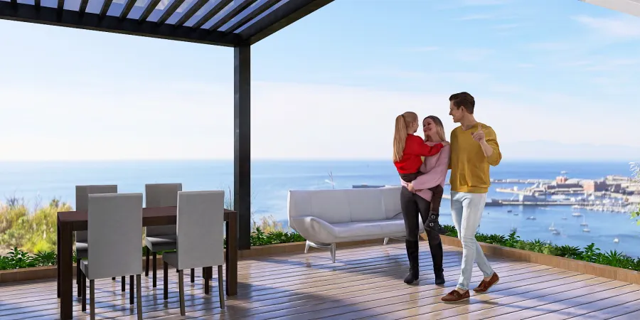 a couple standing on a balcony overlooking a beach 