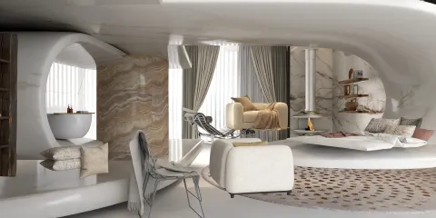 modern living room design featuring a curved layout with soft furnishings and neutral colors, enhancing comfort and elegance in contemporary interior decor, utilizing Homestyler's real-time 3D rendering feature for visualization.
