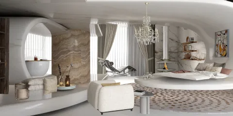 modern living room interior design featuring a unique curved structure with elegant furniture arrangement and soft color palette, showcasing the real-time 3D rendering feature of Homestyler for effective design presentation.