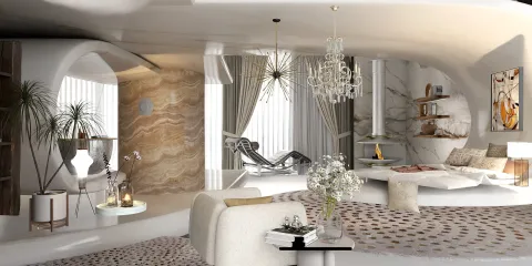 modern living room with unique curved architecture featuring a stylish armchair and decorative plants, designed using Homestyler's real-time 3D rendering for an immersive interior decor experience.