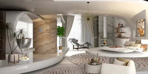 modern living room design featuring a curved layout with elegant furniture and decorative elements, showcasing a seamless integration of space and style, utilizing Homestyler's real-time 3D rendering for design proposal visualization.