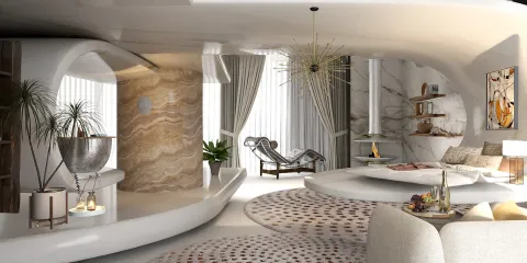 Modern living room design featuring curved elements and natural light, showcasing interior decor aesthetics with a focus on a streamlined layout, utilizing Homestyler's real-time 3D rendering for effective design preview.