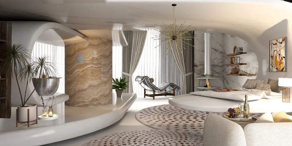 Modern living room layout with curved furniture and elegant decor features, showcasing contemporary interior design styles, enabled by Homestyler's real-time 3D rendering.