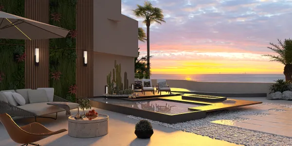 outdoor lounge area with a sunset view showcasing a modern design and relaxing ambiance, featuring a pool and stylish furniture for a serene space value, using Homestyler's real-time 3D rendering feature.