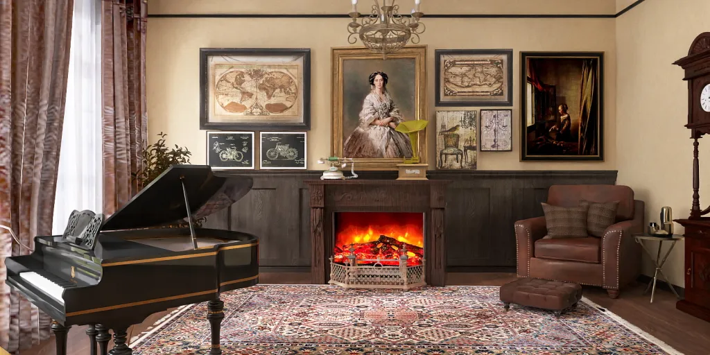 a living room with a fireplace and a painting on the wall 