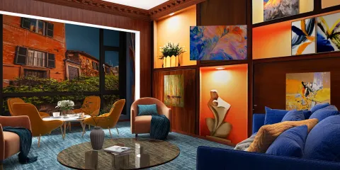 modern living room with 3D rendering showcasing vibrant colors and artistic wall decor, utilizing Homestyler's real-time 3D rendering feature for quick visual previews.