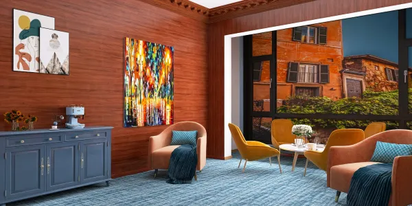 Living room with vibrant art display and cozy seating arrangement, showcasing modern interior design with Homestyler's real-time 3D rendering feature.
