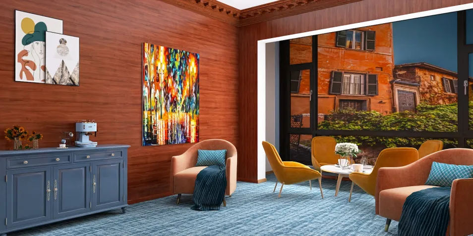 Living room with vibrant art display and cozy seating arrangement, showcasing modern interior design with Homestyler's real-time 3D rendering feature.