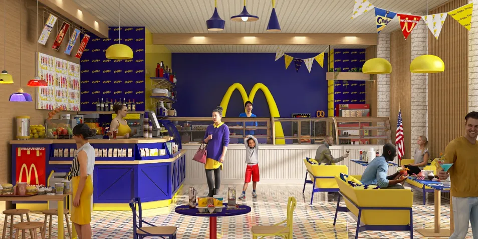 Fast food restaurant interior featuring vibrant seating arrangements and a colorful counter design, showcasing the casual dining experience; optimized for small space layout using Homestyler's smart furniture arrangement feature.