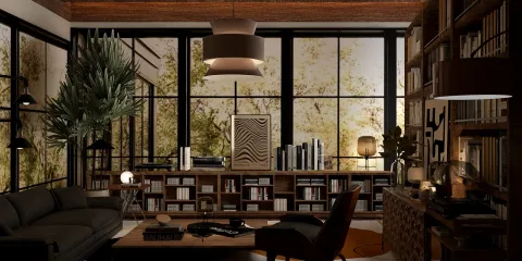 modern living room design with stylish furniture arrangement and cozy ambiance featuring a large bookshelf, warm lighting, and large windows showcasing nature, using Homestyler's real-time 3D rendering feature for a realistic preview.