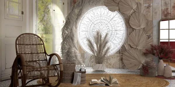 A cozy corner featuring a rattan chair and decorative elements around a large circular window, showcasing an elegant boho style with natural textures, ideal for enhancing interior decor using Homestyler's real-time 3D rendering.