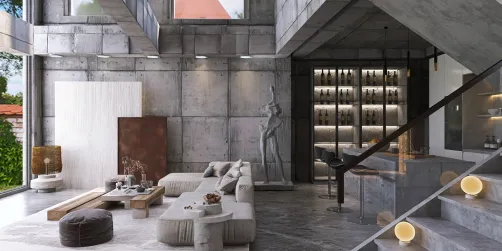 minimalist living room featuring open space arrangement and industrial design elements, showcasing smart furniture layout functionality in Homestyler