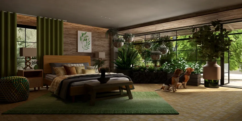 A cozy bedroom featuring a wooden bed with layered bedding, surrounded by lush indoor plants and large windows. The design incorporates green accents for a natural feel, optimizing space with smart furniture arrangement using Homestyler's real-time 3D rendering.