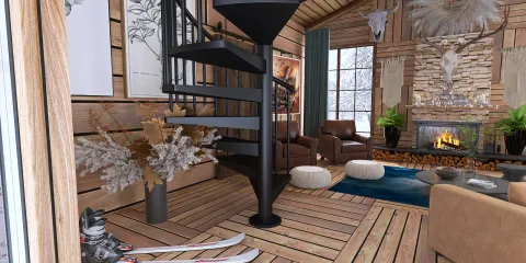 spiral staircase leading to an upper floor in a rustic cabin living room, showcasing a cozy alpine interior design, featuring Homestyler's real-time 3D rendering for a lifelike preview.