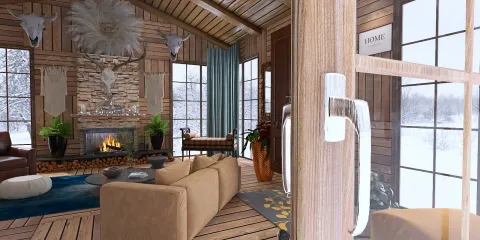 cozy living room with wooden accents showcasing a fireplace and large windows, enhancing the warm ambiance with a rustic style, featuring Homestyler's real-time 3D rendering for effective interior design visualization.