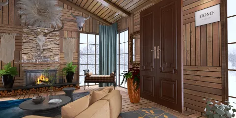 rustic wooden living room with a cozy fireplace and large windows designing a warm atmosphere in a home, featuring a 3D rendering from Homestyler.
