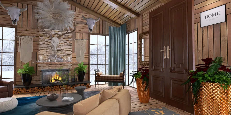 Cozy living room with wooden walls featuring a fireplace and large windows; designing a rustic interior decor style using Homestyler's real-time 3D rendering feature for an immersive renovation preview.