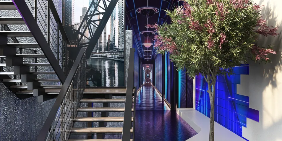 modern staircase design showcasing a contemporary aesthetic in an urban hallway with vibrant lighting and greenery, featuring Homestyler's real-time 3D rendering for design preview.