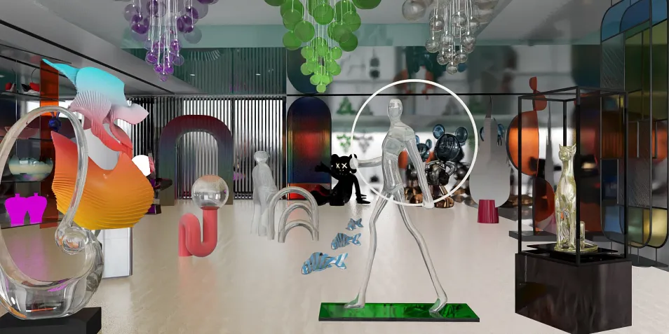 Art gallery showcasing modern sculptures and installations featuring vibrant colors and unique designs, enhancing the aesthetic appeal of the space, designed using Homestyler's real-time 3D rendering.