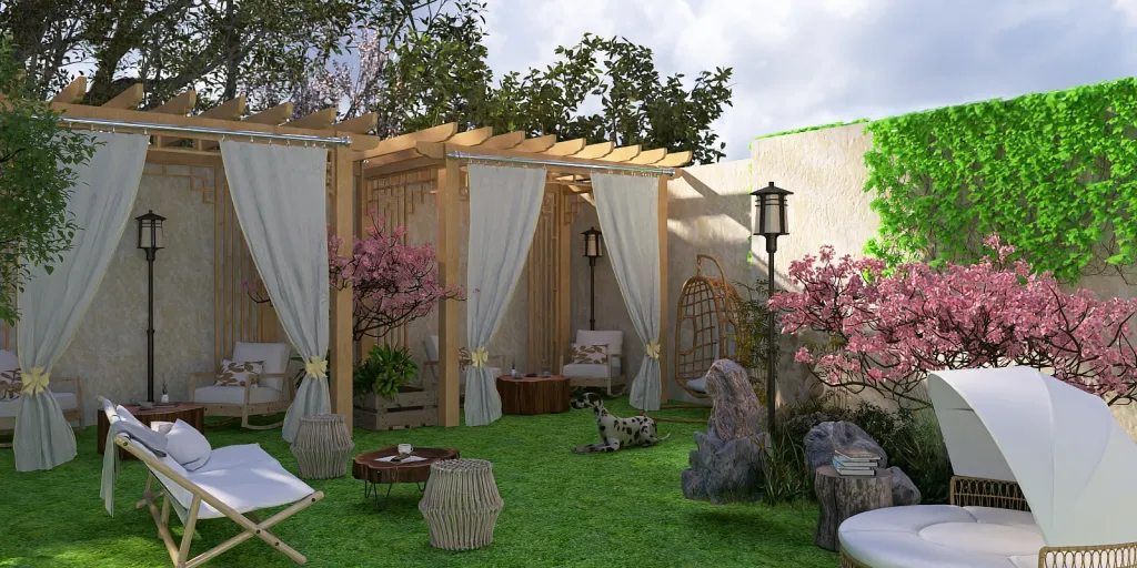 a garden area with a table, chairs, and a tent 