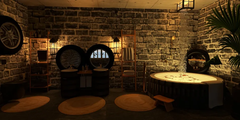 Cozy room interior featuring a rustic design with exposed stone walls and wooden furniture, showcasing a charming layout for a warm atmosphere; highlights the Homestyler's real-time 3D rendering feature to visualize design proposals.