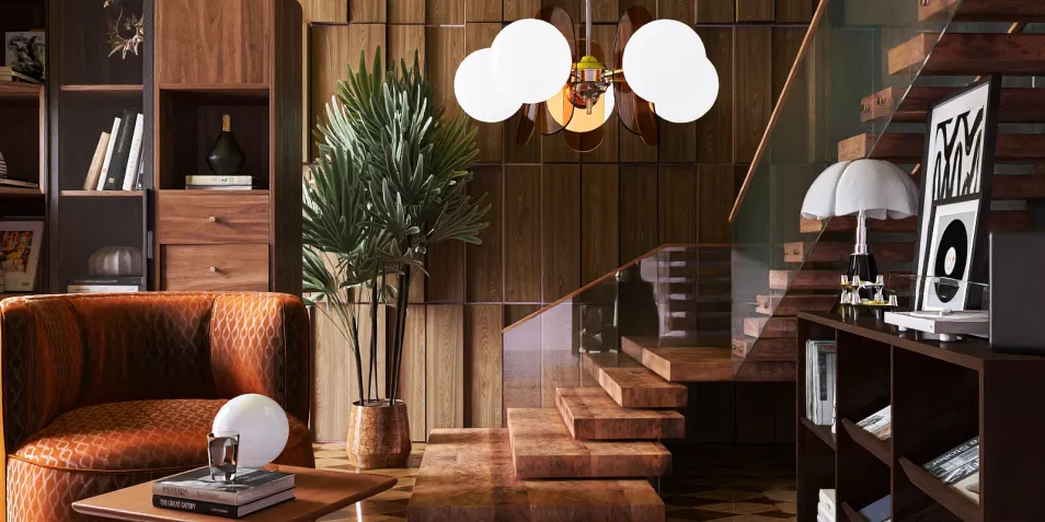 modern living room design featuring a cozy armchair and elegant staircase, showcasing a warm wood finish and stylish decor, using Homestyler's real-time 3D rendering feature