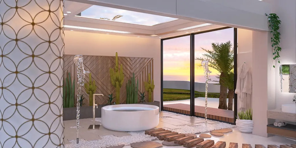 a large bathroom with a large tub and a large window 