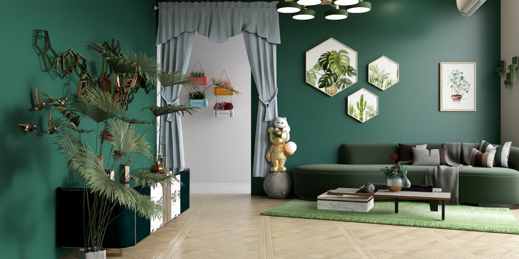 a living room with a green couch and a green plant 