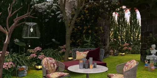 lush garden seating area with floral cushions and decorative lanterns, creating a serene outdoor retreat, featuring Homestyler's real-time 3D rendering for design visualization.