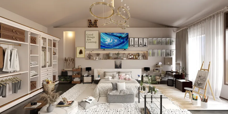 Stylish bedroom with organized wardrobe and modern decor, featuring a cozy atmosphere for relaxation, showcasing Homestyler's AR virtual furniture placement feature.