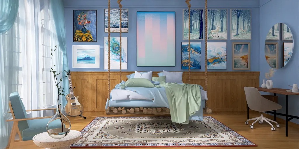 a bedroom with a blue and white bed and a blue wall 