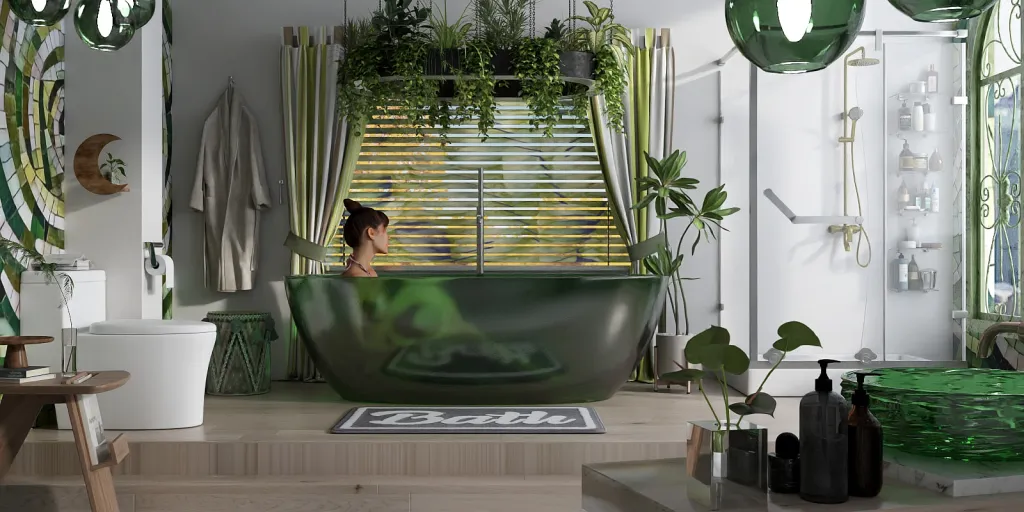 a woman in a bath tub with a large mirror 