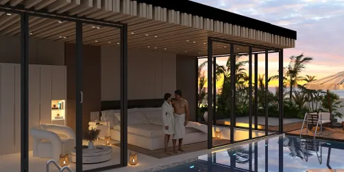 couple enjoying a sunset by a luxurious poolside bedroom with open glass doors in a contemporary style, enhancing relaxation and comfort in the interior design, showcasing Homestyler's real-time 3D rendering feature.